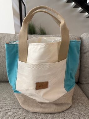 White & Turquoise Canvas Tote with Tan Handles